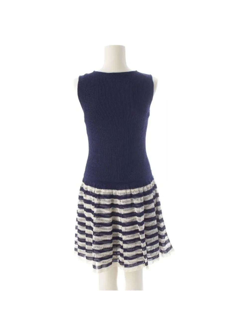 Chanel Polyester Cupro Sleeveless Border Contrast Flare Dress Off White